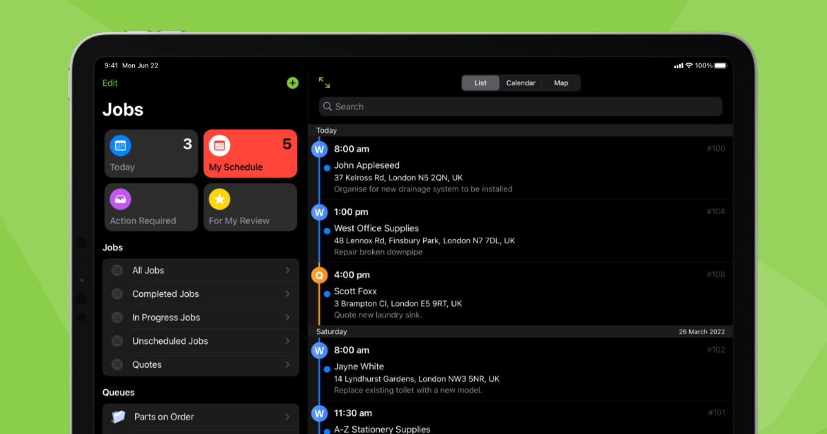 ServiceM8 Help UK ServiceM8 Jobs view with My Schedule landscape
